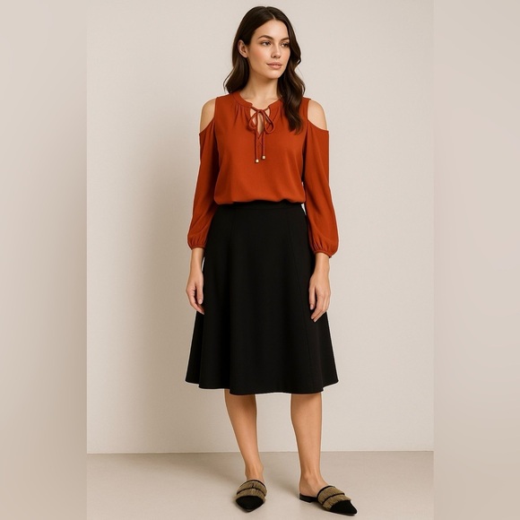 256- Michael Kors Cold Shoulder Blouse Rust Orange Size S NWT - Picture 1 of 12